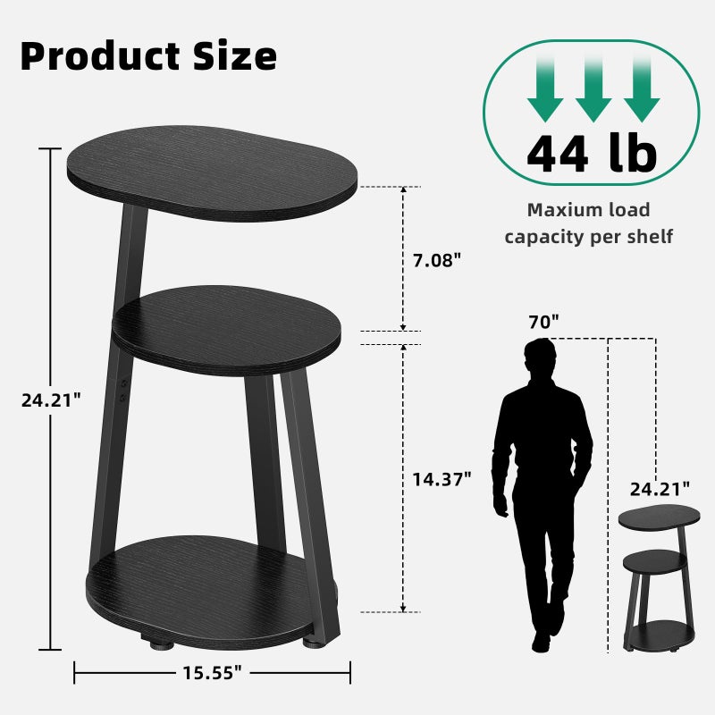 Kalrin Side Table, Small End Table with Metal Frame, 3-Tier Bedside Tables, Round Side Tables for Living Room Bedroom Couch Bathroom, Oval, Pure Black - Image 2