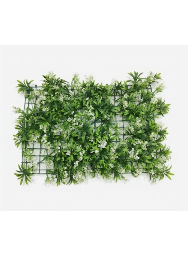 AKDC Bloom Scape Artificial Grass Wall Panel with White Decorative Flowers – 40×60 cm Lush Green Vertical Garden Décor - Image 1