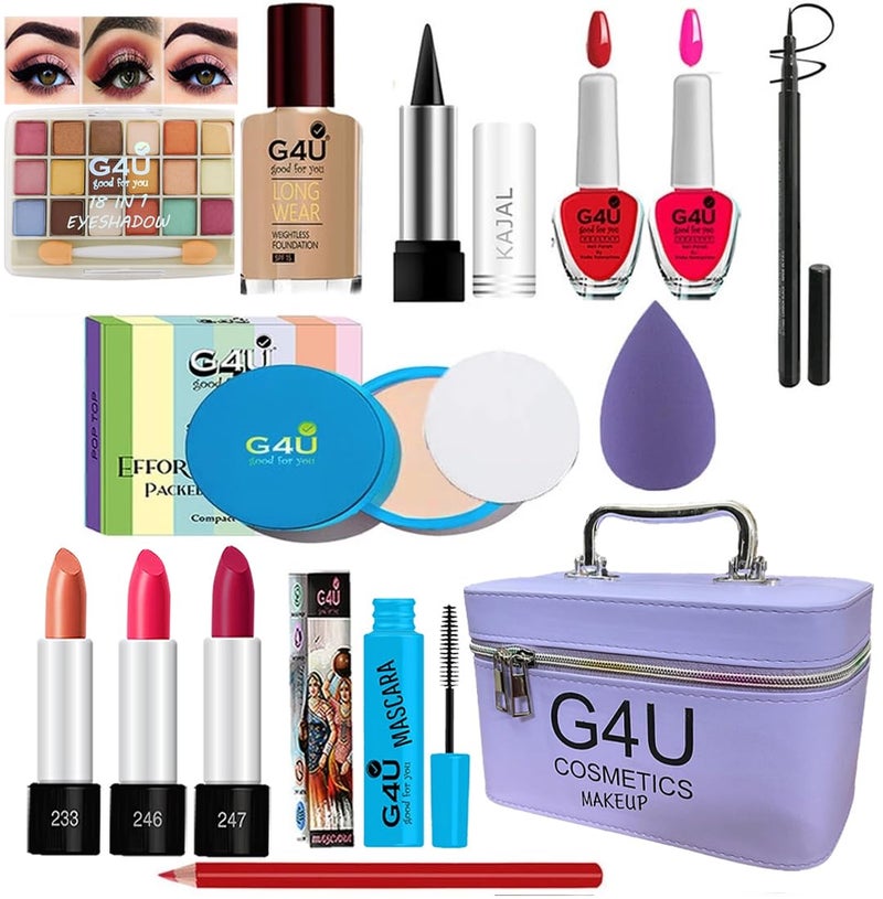 G4U All in One Makeup Kit Gift Set,Eyeshadow,Eyeliner Pen,Foundation,3 Lipsticks,Kajal,Lip Liner,Puff,Mascara,2nail Polish,Compact,Perfect for Party Wedding makeup With Makeup Box(Set Of 14Pcs) ST 90 - Image 1