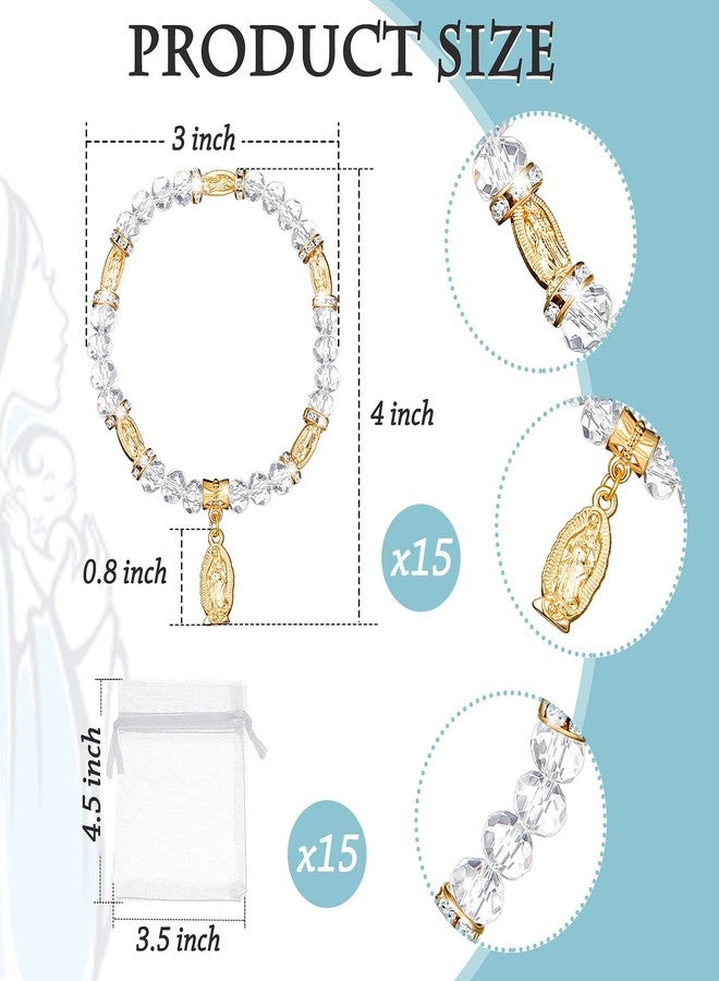 MTLEE 15 Packs Baptism Favors Set Rosary Bead Bracelet Catholic Bracelets Recuerdos De Bautizo Crystal First Communion Gifts with Organza Bags for Baby Shower Weddings Party Thanksgiving(Gold) - Image 2