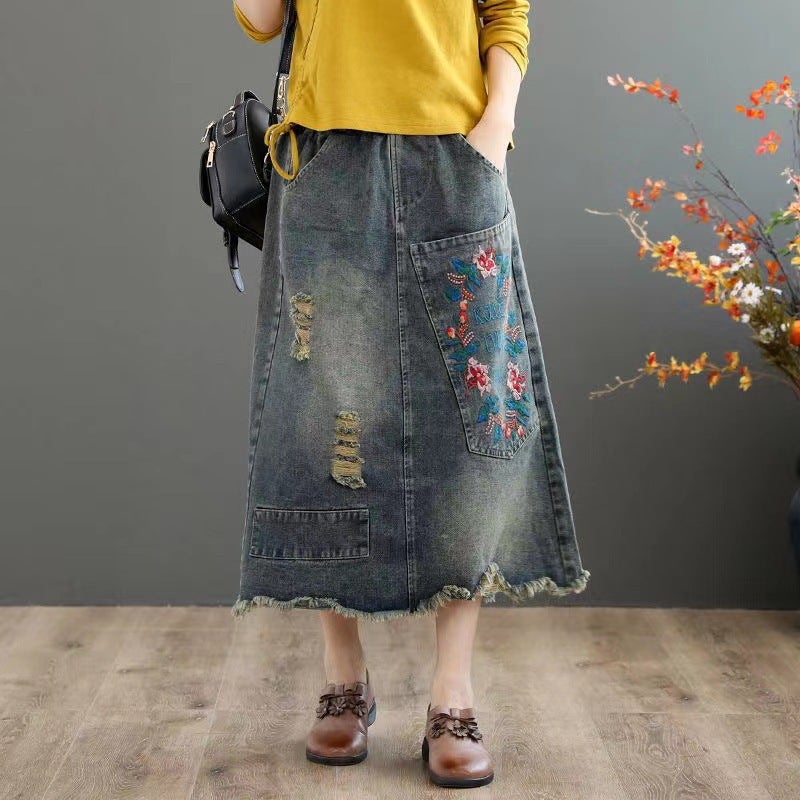 Artistic Ethnic Style Embroidered Patch Ripped Denim Skirt Womens Loose Slimming Mid-Length Skirt 2025 Retro Blue-Skirt