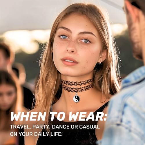 BodyJ4You 2PC Tattoo Choker Necklace - 90s Choker Necklace Women - 2000s Y2K Black Chokers - Yin Yang Silvertone Charm Pendant - Vintage Emo Stretchy Elastic Necklace - Image 2
