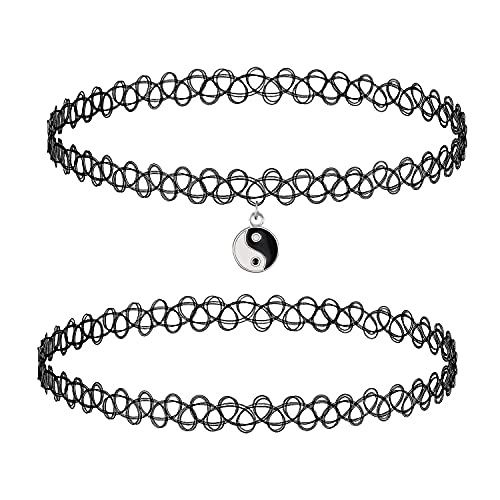 BodyJ4You 2PC Tattoo Choker Necklace - 90s Choker Necklace Women - 2000s Y2K Black Chokers - Yin Yang Silvertone Charm Pendant - Vintage Emo Stretchy Elastic Necklace - Image 1