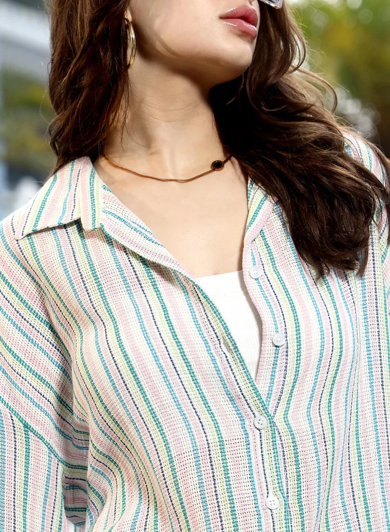 PINACOLADA Women's Rose Pink & Sky Blue Striped Oven-Weave Oversized Shirt | Spread Collar , Long Cuffed Sleeves , Button Closure | Stripes Open-Weave Material | Cotton Shirt For Casual Wear