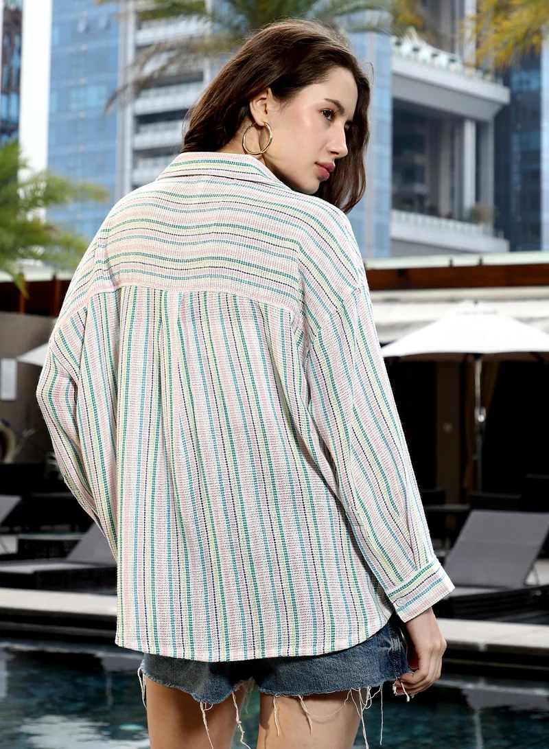 PINACOLADA Women's Rose Pink & Sky Blue Striped Oven-Weave Oversized Shirt | Spread Collar , Long Cuffed Sleeves , Button Closure | Stripes Open-Weave Material | Cotton Shirt For Casual Wear