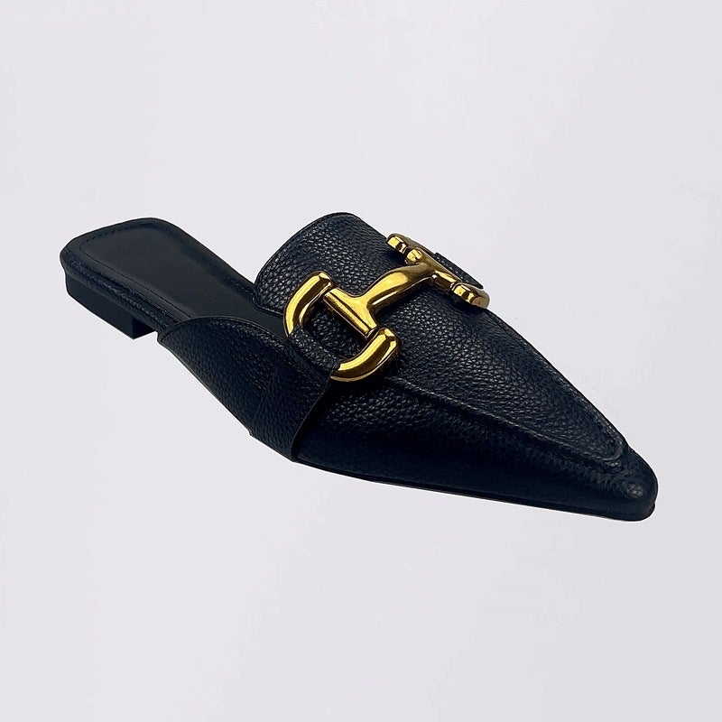 Summer Fashion New Style Closed-Toe Mules For Women, Flat Pointed Sandals With A French-Style Elegant And Comfortable Design, Featuring A Horsebit Buckle And Flat Heel - Image 1