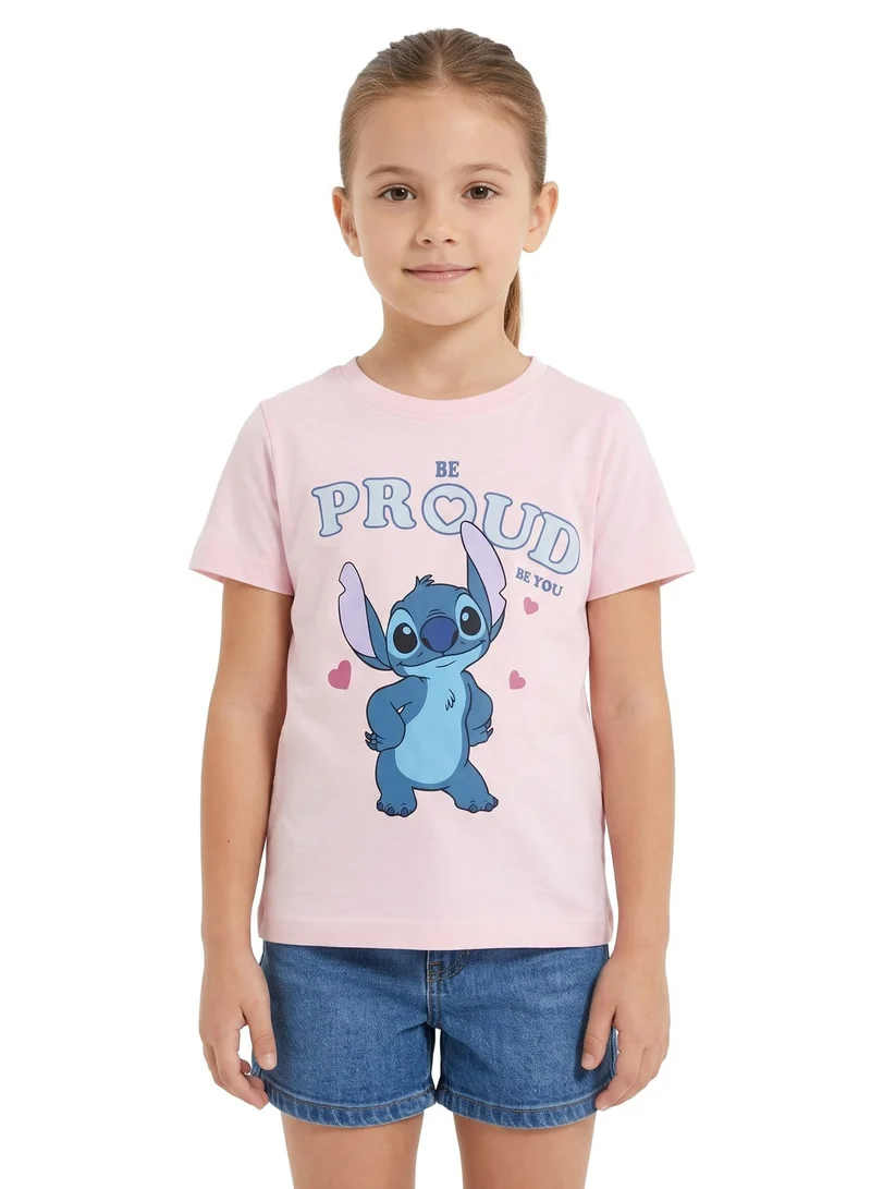 ديزني Disney Stitch Graphic Print T-Shirt for Girls | Short Sleeve Crew Neck Casual Cotton Tee