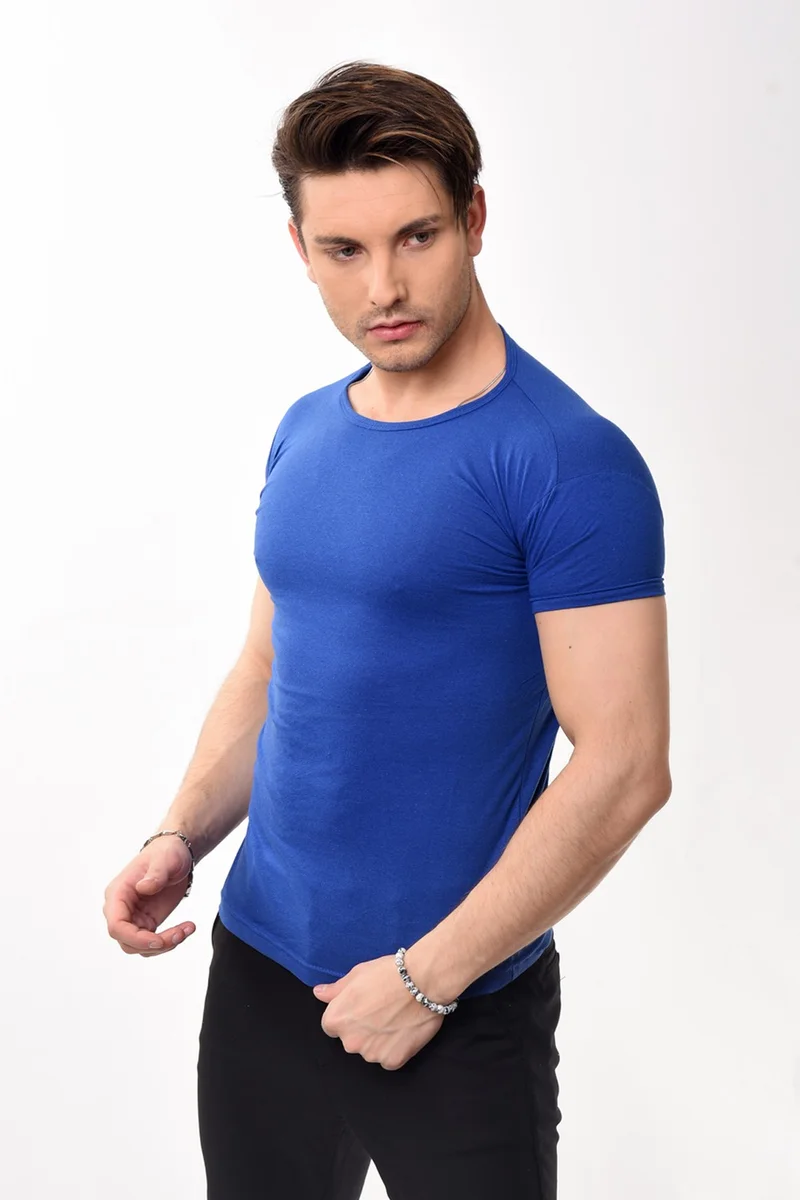 Belifanti Collection Men's Slim Fit Basic Crew Neck Short Sleeve T-Shirt Saks Blue