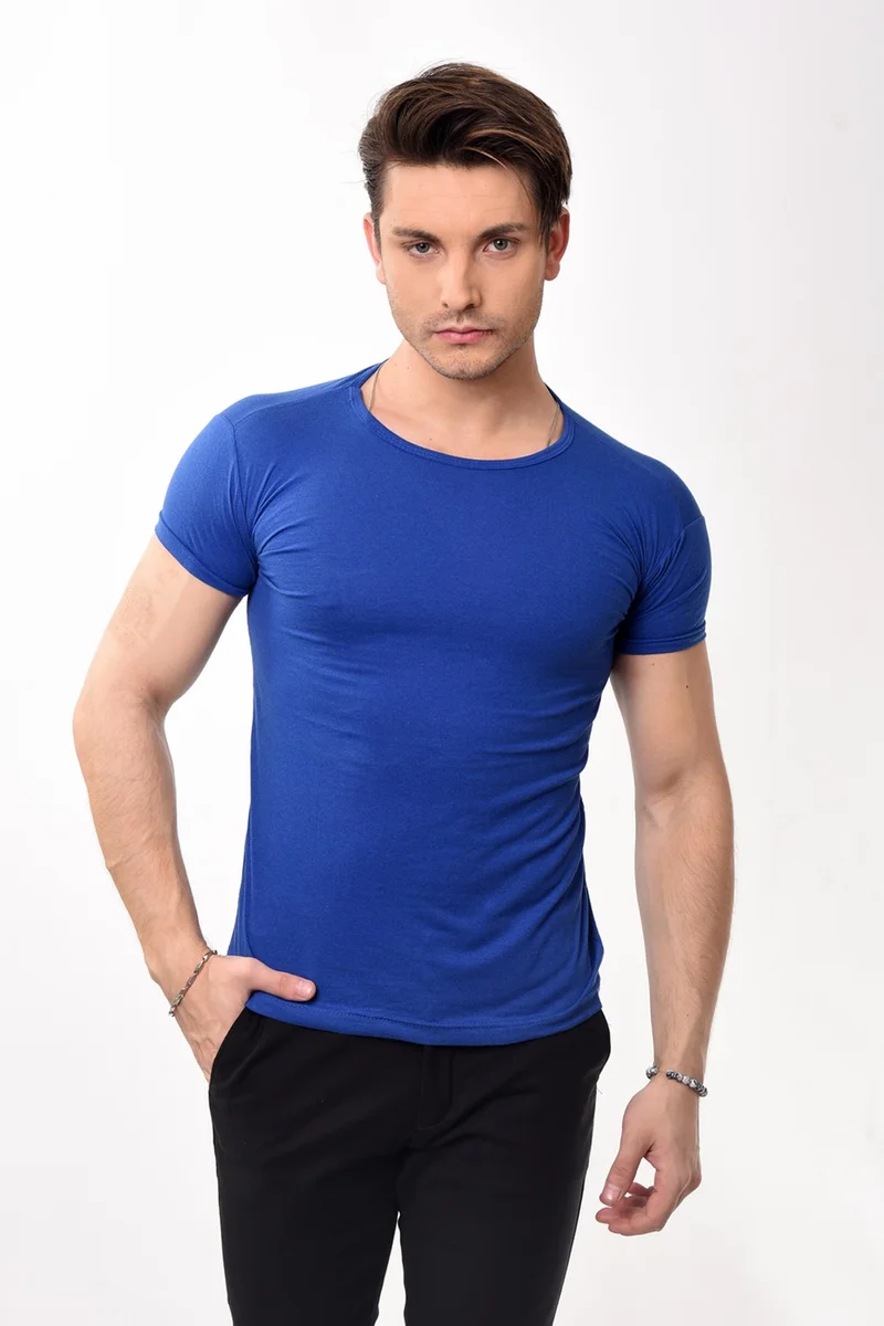 Belifanti Collection Men's Slim Fit Basic Crew Neck Short Sleeve T-Shirt Saks Blue