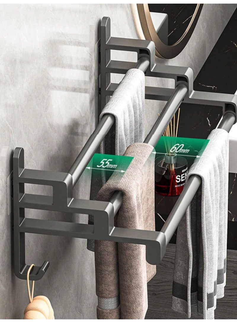 3-Bar Towel Rack, Wall Mounted Towel Holder with Hooks, Space-Saving Bathroom Towel Hanger, No Drill Towel Rail, Aluminum Towel Organizer, Multi-Use Towel Bar for Bathroom, Kitchen & Home - Image 1
