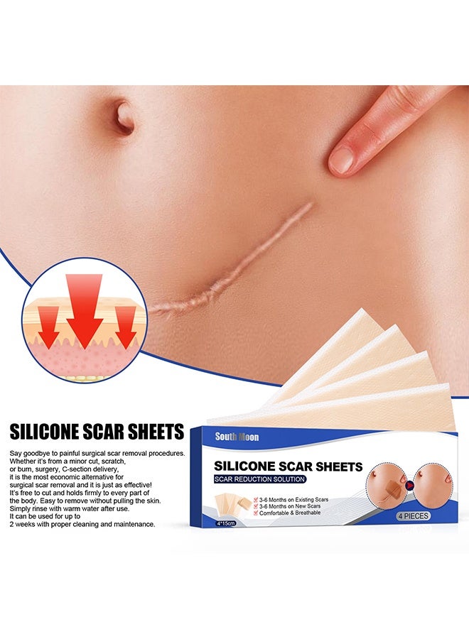 ساوث مون صفائح الندبات المصنوعة من السيليكون ، رقعة إزالة الندبات ، تليين وتسطيح الندبات الناتجة عن الجراحة ، والإصابة ، والحروق ، وتضخم التغذية ، والولادة القيصرية وأكثر من ذلك ، محلول تقليل الندبات 5.9 بوصة × 1.6 بوصة 4 قطع - Image 2