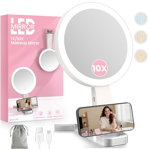 FZIFZI Makeup Mirror with Lights and Magnification, Double-Sided 10X Magnifying Mirror, Portable Lighted Makeup Mirror with 3 Color Lights, Rechargeable Make up Mirror 3 in 1 Tabletop, Handheld, Hanging - Image 1