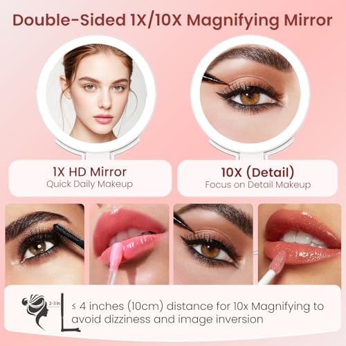 FZIFZI Makeup Mirror with Lights and Magnification, Double-Sided 10X Magnifying Mirror, Portable Lighted Makeup Mirror with 3 Color Lights, Rechargeable Make up Mirror 3 in 1 Tabletop, Handheld, Hanging - Image 2