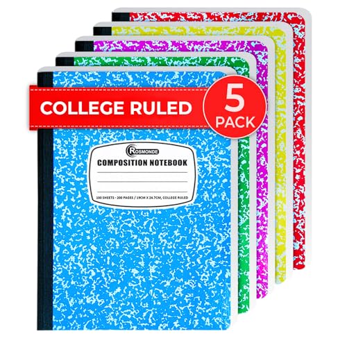 Rosmonde 5 Pack Composition Notebooks College Ruled, 200 No Bleed Pages (100 Sheets) 9-3/4x7-1/2 Notebooks for Work, Back to School Supplies for College Students, Notebooks for Women, Colors May Repeat - Image 1