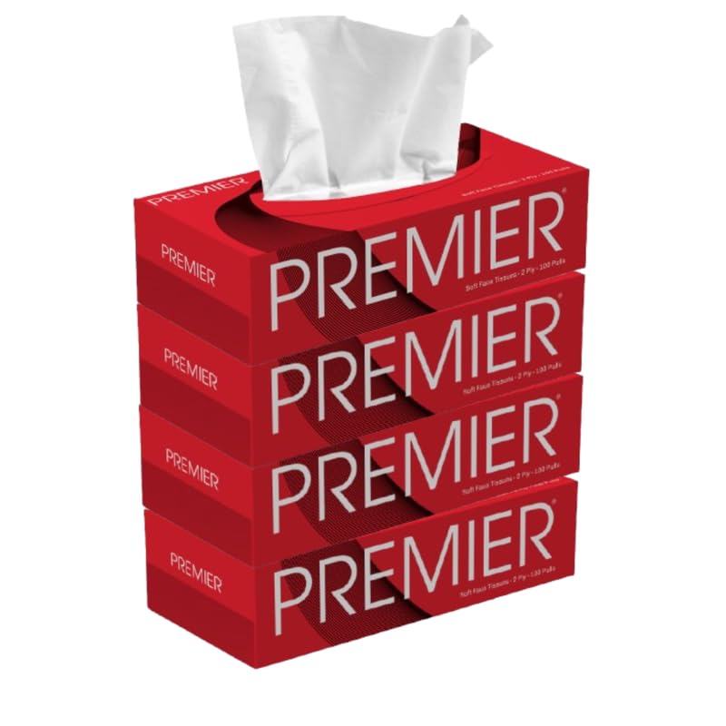 Premier 2-Ply Box Face Tissue Papers – 100 Pulls per Box (Pack of 4, 400 Pulls, 800 Sheets) –Ultra Soft, Gentle & Highly Absorbent Facial Tissues for Home, Office, Car & Travel | Red - Image 1