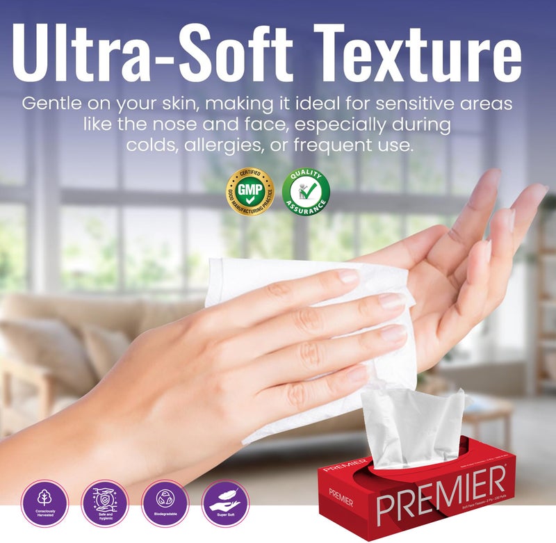 Premier 2-Ply Box Face Tissue Papers – 100 Pulls per Box (Pack of 4, 400 Pulls, 800 Sheets) –Ultra Soft, Gentle & Highly Absorbent Facial Tissues for Home, Office, Car & Travel | Red - Image 3
