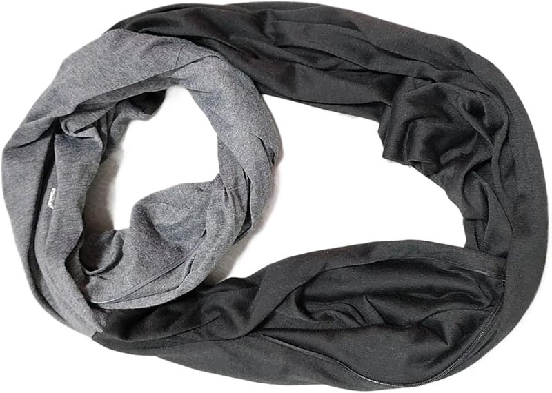 Black Gray Infinity Scarf with Zipper Pocket Neck Warmer Wrap for Women Men - Image 1