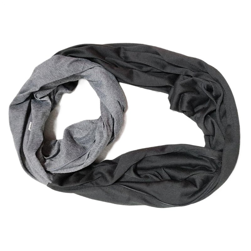 Black Gray Infinity Scarf with Zipper Pocket Neck Warmer Wrap for Women Men - Image 2