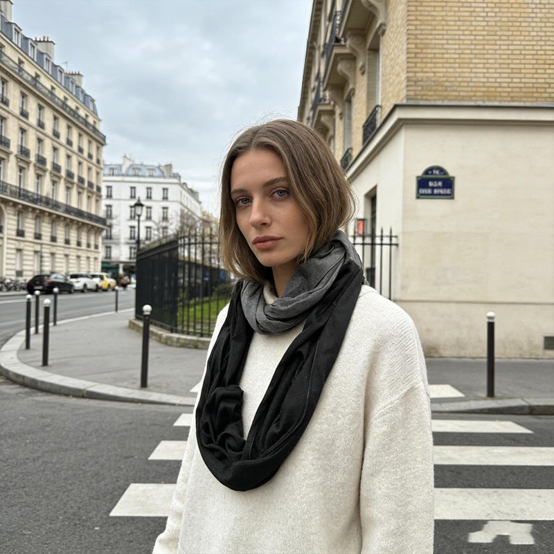 Black Gray Infinity Scarf with Zipper Pocket Neck Warmer Wrap for Women Men - Image 3