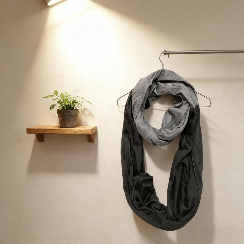 Black Gray Infinity Scarf with Zipper Pocket Neck Warmer Wrap for Women Men - Image 4