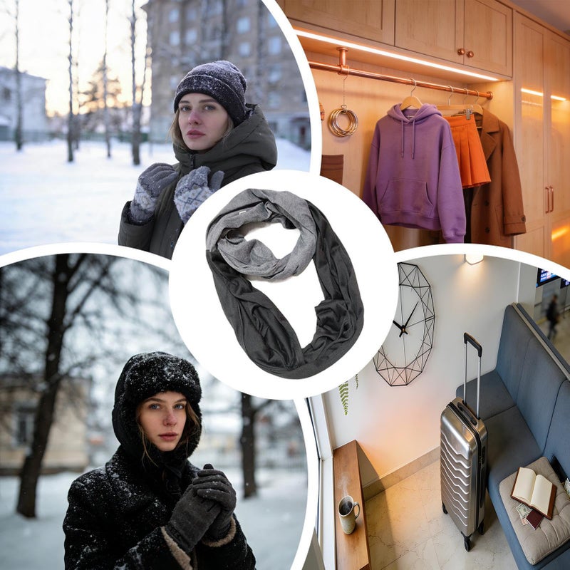 Black Gray Infinity Scarf with Zipper Pocket Neck Warmer Wrap for Women Men - Image 5