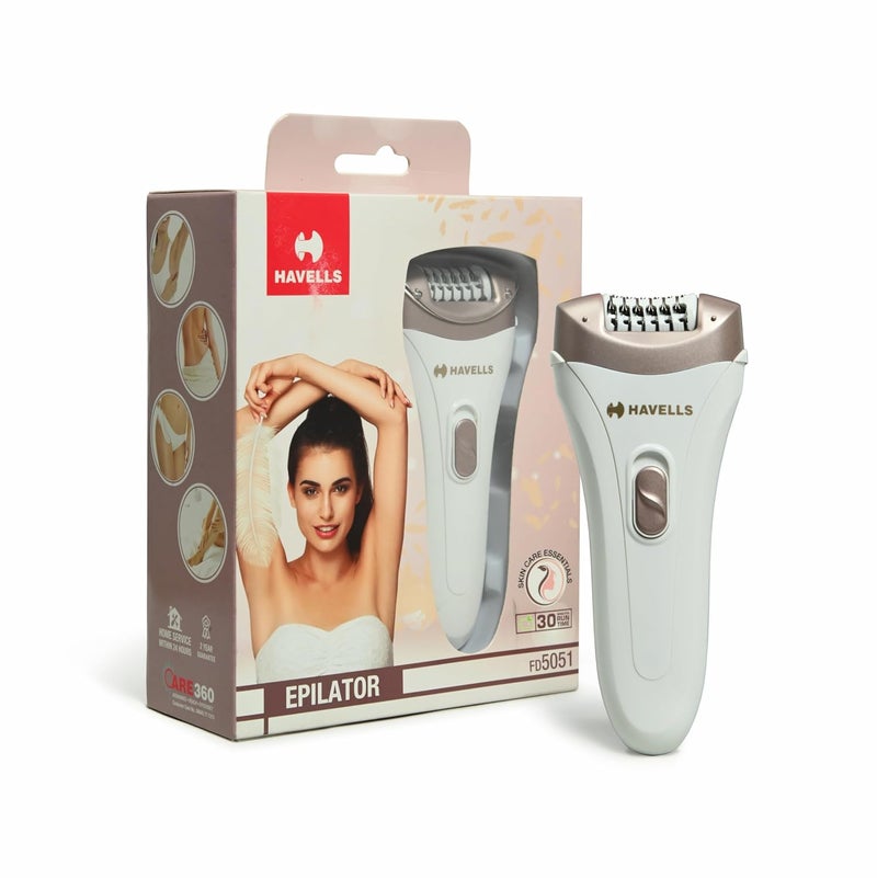 Havells إزالة الشعر FD5051، لإزالة الشعر للنساء، رطب وجاف، لاسلكي، قابل لإعادة الشحن (أبيض) - Image 1