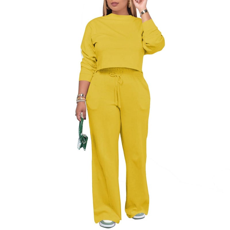 PINSV Women's 2 Piece Outfits Sweatsuit Set Long Sleeve Crop Top Drawstring Wide Leg Pants with Pockets Track Suits Casual Sets Yellow M - Image 1