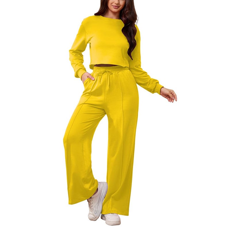 PINSV Women's 2 Piece Outfits Sweatsuit Set Long Sleeve Crop Top Drawstring Wide Leg Pants with Pockets Track Suits Casual Sets Yellow M - Image 4