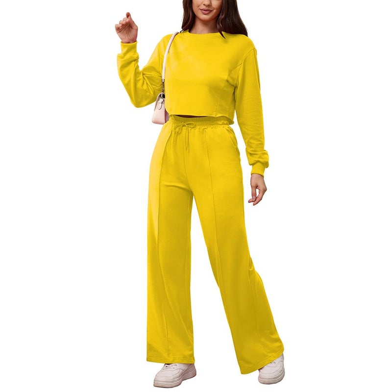 PINSV Women's 2 Piece Outfits Sweatsuit Set Long Sleeve Crop Top Drawstring Wide Leg Pants with Pockets Track Suits Casual Sets Yellow M - Image 2