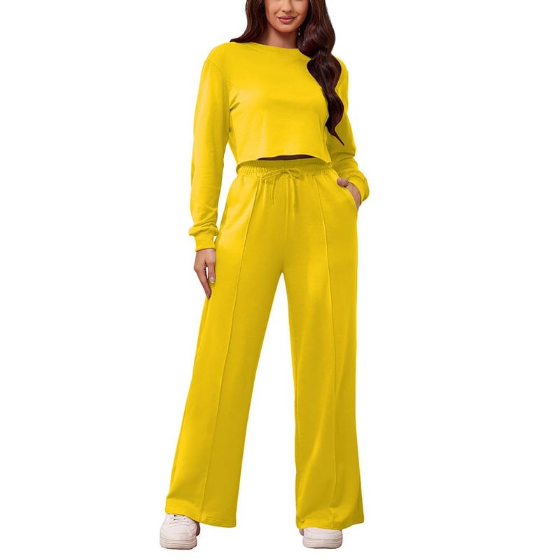 PINSV Women's 2 Piece Outfits Sweatsuit Set Long Sleeve Crop Top Drawstring Wide Leg Pants with Pockets Track Suits Casual Sets Yellow M - Image 5