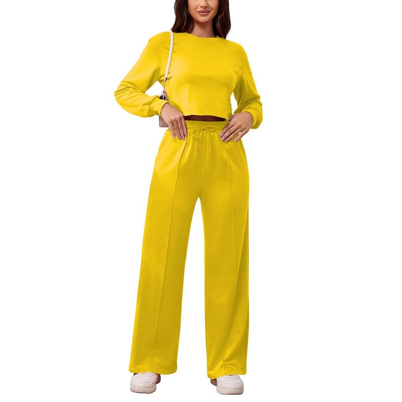 PINSV Women's 2 Piece Outfits Sweatsuit Set Long Sleeve Crop Top Drawstring Wide Leg Pants with Pockets Track Suits Casual Sets Yellow M - Image 3