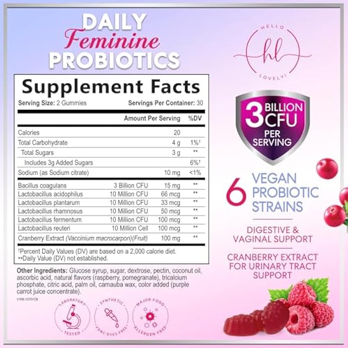 Hello Lovely! Probiotics for Women Gummies with Cranberry - 6 Premium Strains for PH Balance - Women Probiotics for Digestive Health, Vaginal & Immune Support, Women's Probiotic Feminine Health Gummy - 60 Gummies - Image 2