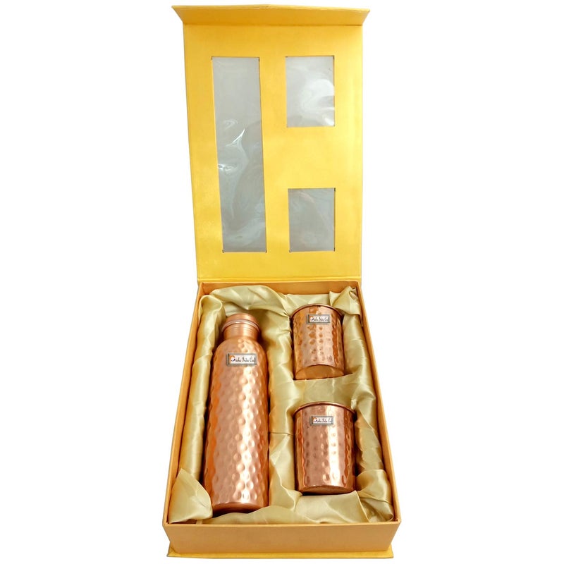 Prisha India Craft Prisha India Craft Pure Copper Bottle and 2 Copper Glass with Beautiful Gift Box Hammered Design Set of 3 Pieces  - Image 2