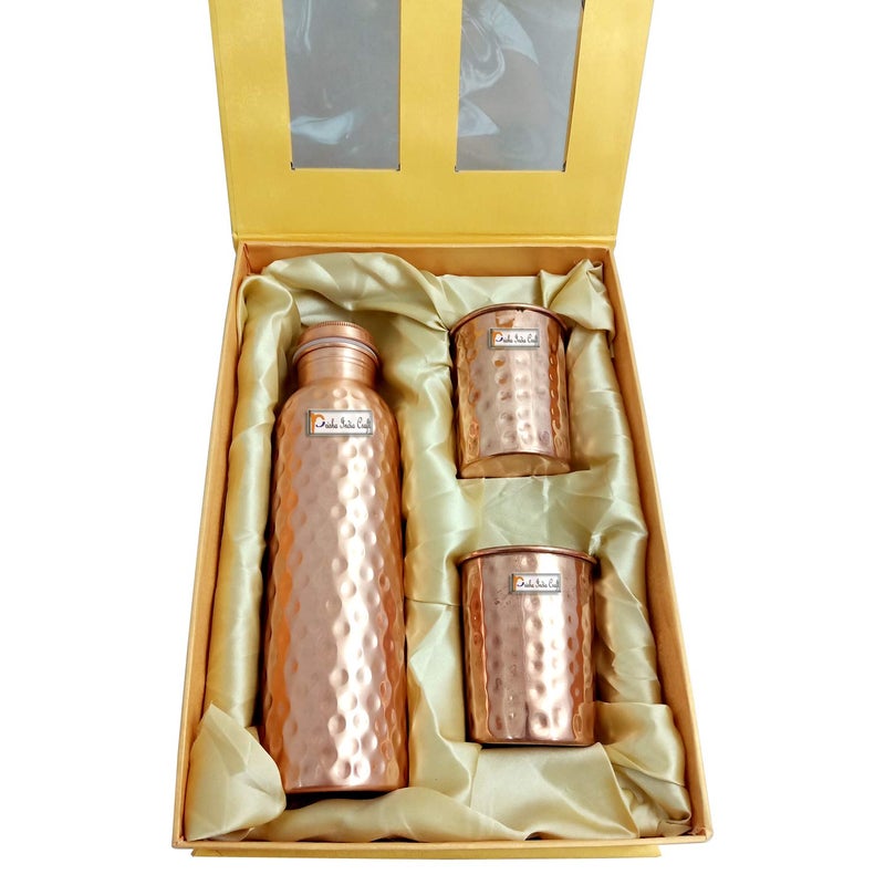 Prisha India Craft Prisha India Craft Pure Copper Bottle and 2 Copper Glass with Beautiful Gift Box Hammered Design Set of 3 Pieces  - Image 1