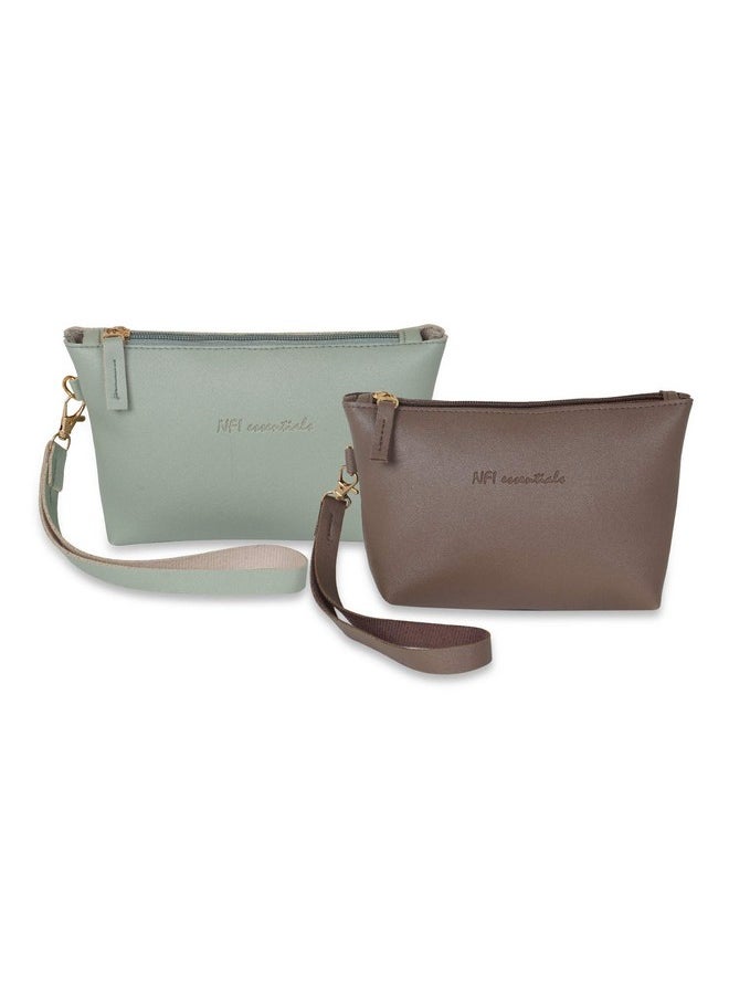 NFI essentials NFI essentials PU Makeup Pouches for Stylish Women, Makeup Bag Accessories, Travel Cosmetic Bags, Make Up Pouch Girls, Set of 2, L Blue, Brown  - Image 1