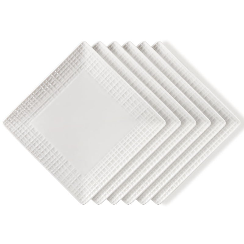 Wareland Square Dinner Plates Set of 6 6 Inch White Ceramic Embossed Crisscross Safe for Dishwasher Microwave and Oven
