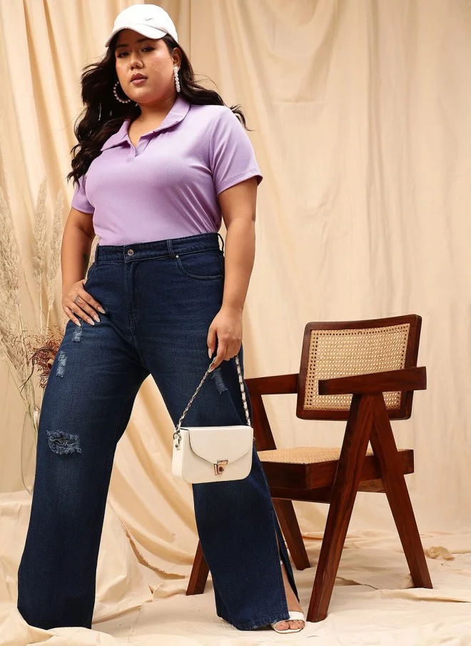 CURVY STREET Lavender Striped Polo T-Shirt for Women