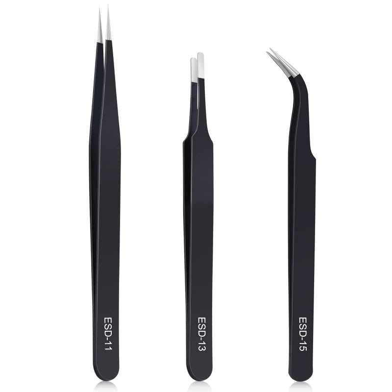 kaverme 3PCS Precision Tweezers Set Upgraded AntiStatic Stainless Steel of Tweezers for Electronics Soldering Laboratory Work JewelryMaking Model Craft