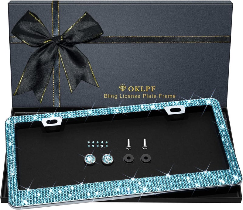 OKLPF Bling License Plate Frame for Women, 1PCS Sparkly License Plate Frames| Over 1200 pcs 14 Facets Bedazzled Clear Glass Diamond Rhinestone Crystals w/Free Glitter Diamond Box (Blue) - Image 1