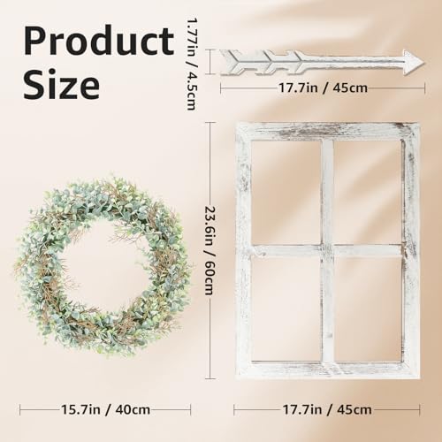 WAKOSAN Rustic Wood Window Frame with Green Wreath and Arrows Wall Decor, Farmhouse Wooden Fake Window Decoration for Bedroom Living Room,Set of 2 (Large White) - Image 2