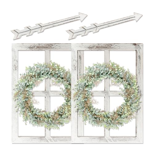 WAKOSAN Rustic Wood Window Frame with Green Wreath and Arrows Wall Decor, Farmhouse Wooden Fake Window Decoration for Bedroom Living Room,Set of 2 (Large White) - Image 1