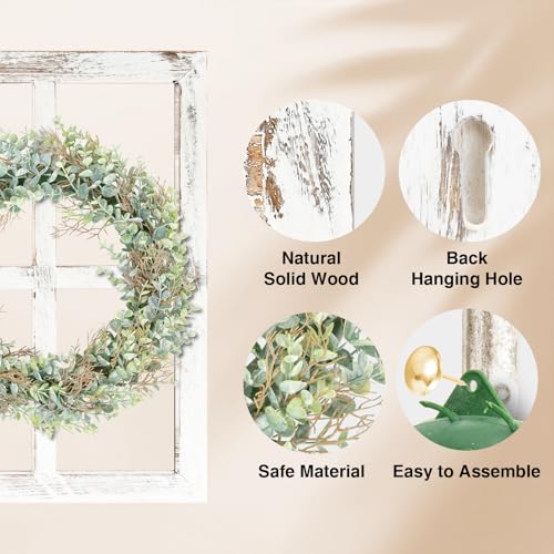 WAKOSAN Rustic Wood Window Frame with Green Wreath and Arrows Wall Decor, Farmhouse Wooden Fake Window Decoration for Bedroom Living Room,Set of 2 (Large White) - Image 4