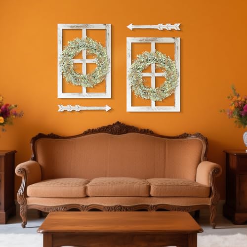 WAKOSAN Rustic Wood Window Frame with Green Wreath and Arrows Wall Decor, Farmhouse Wooden Fake Window Decoration for Bedroom Living Room,Set of 2 (Large White) - Image 5