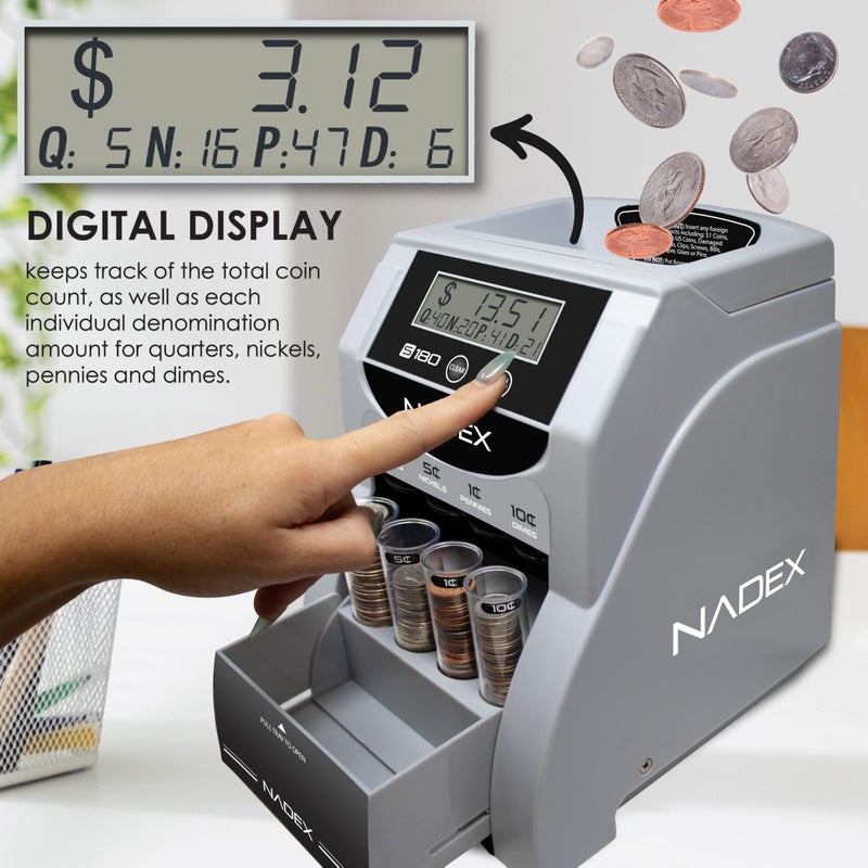 Nadex S180 Digital Coin Sorter and Counter â€“ Displays Total and Denomination Values, Black - Image 2