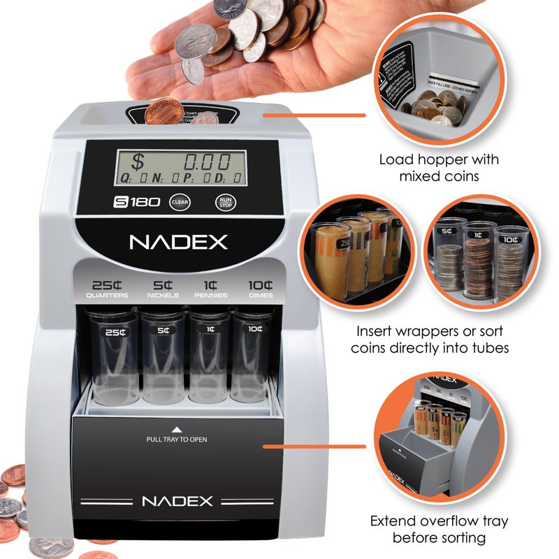 Nadex S180 Digital Coin Sorter and Counter â€“ Displays Total and Denomination Values, Black - Image 3