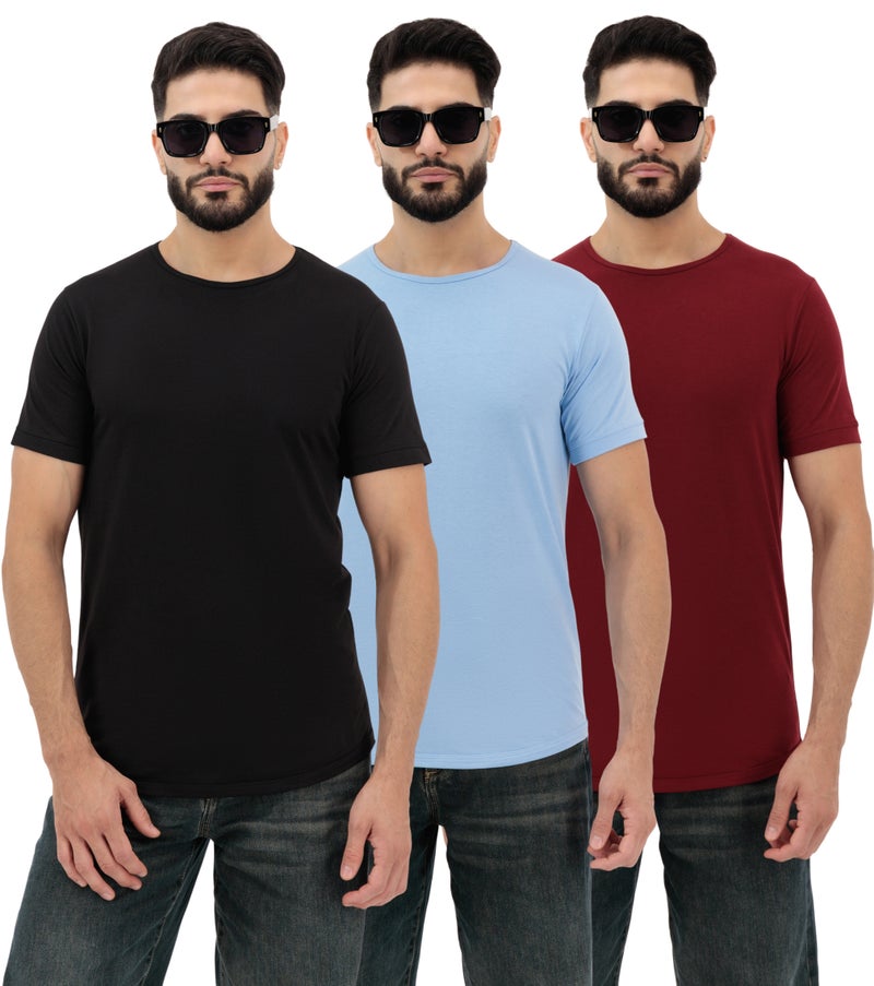 Vasl Hub VaslHub Plain T-Shirts for Men – Cotton Crew Neck Regular Fit – Pack of 3 – Black, Mist and Rosewood - Image 1
