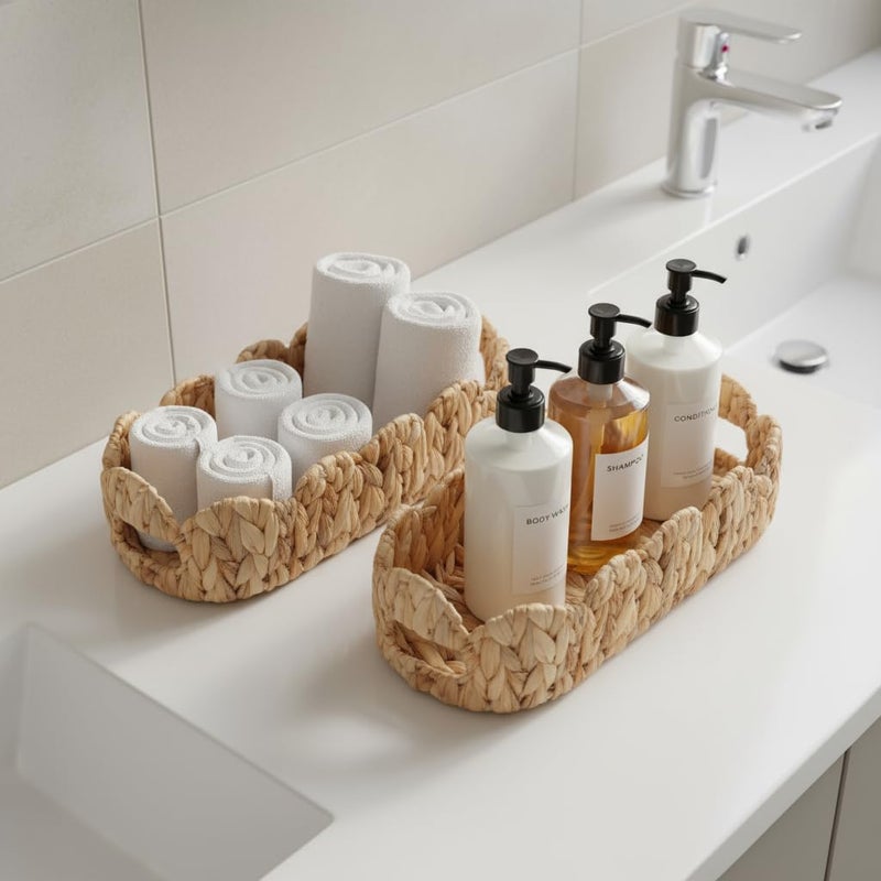 Coeusy 2 SAME SIZE Toilet Paper Storage Basket,Back of Toilet Storage,Boho Decor Small Scalloped Baskets for Bathroom Toilet Tank,Natural Water Hyacinth - Image 2