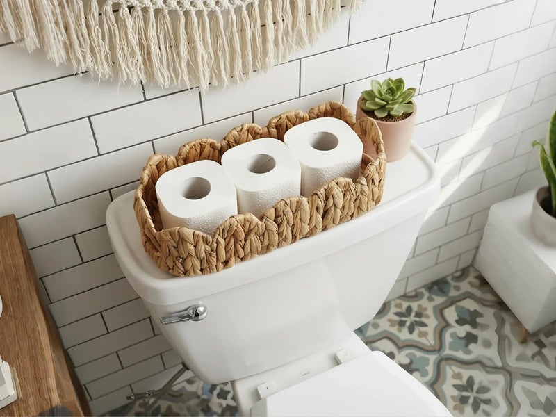 Coeusy 2 SAME SIZE Toilet Paper Storage Basket,Back of Toilet Storage,Boho Decor Small Scalloped Baskets for Bathroom Toilet Tank,Natural Water Hyacinth - Image 1