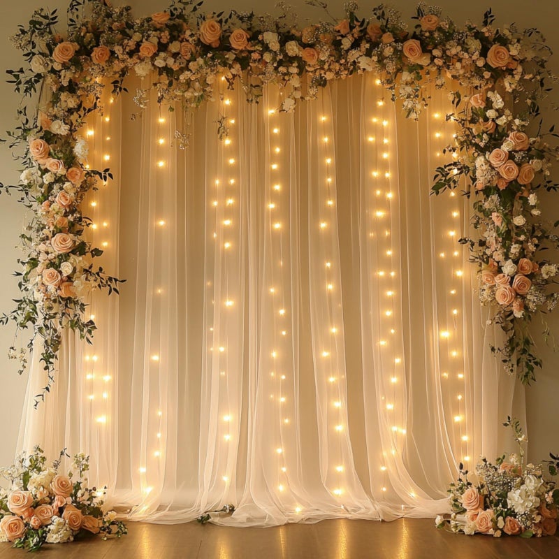 Patioman 10x10ft Champagne Tulle Backdrop Curtain with String Lights, Wrinkle-Free Sheer Wedding Backdrop for Birthday Parties, Baby Shower, Bridal Shower, Photo Shoots and Home Decorations, Champagne - Image 1