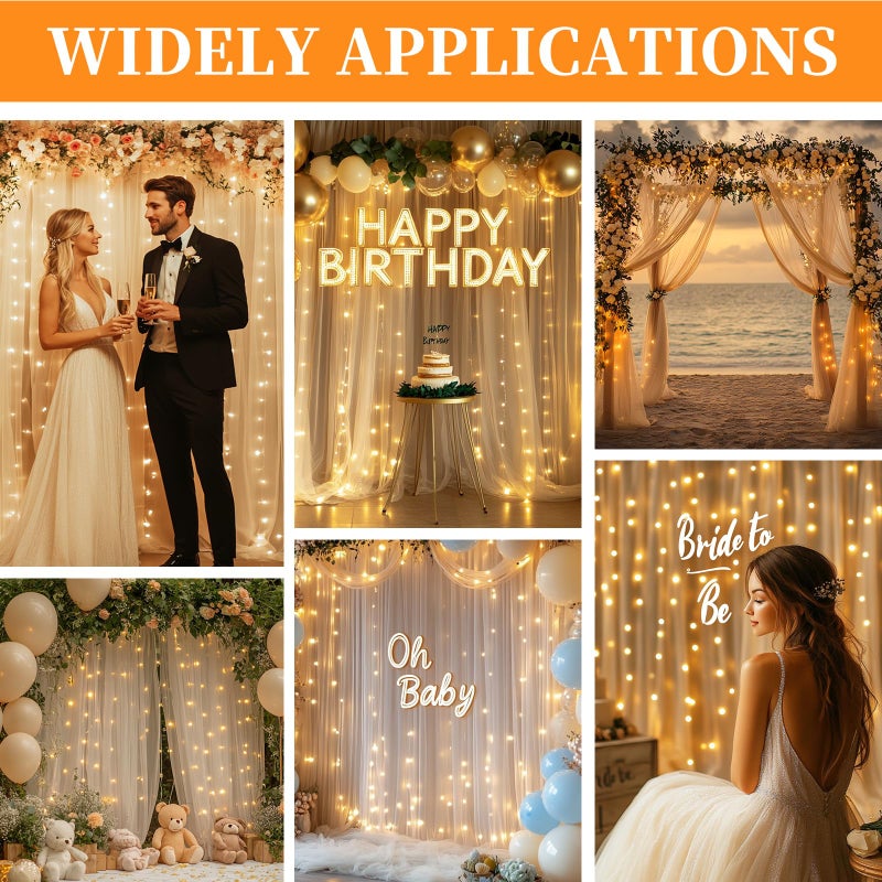 Patioman 10x10ft Champagne Tulle Backdrop Curtain with String Lights, Wrinkle-Free Sheer Wedding Backdrop for Birthday Parties, Baby Shower, Bridal Shower, Photo Shoots and Home Decorations, Champagne - Image 2